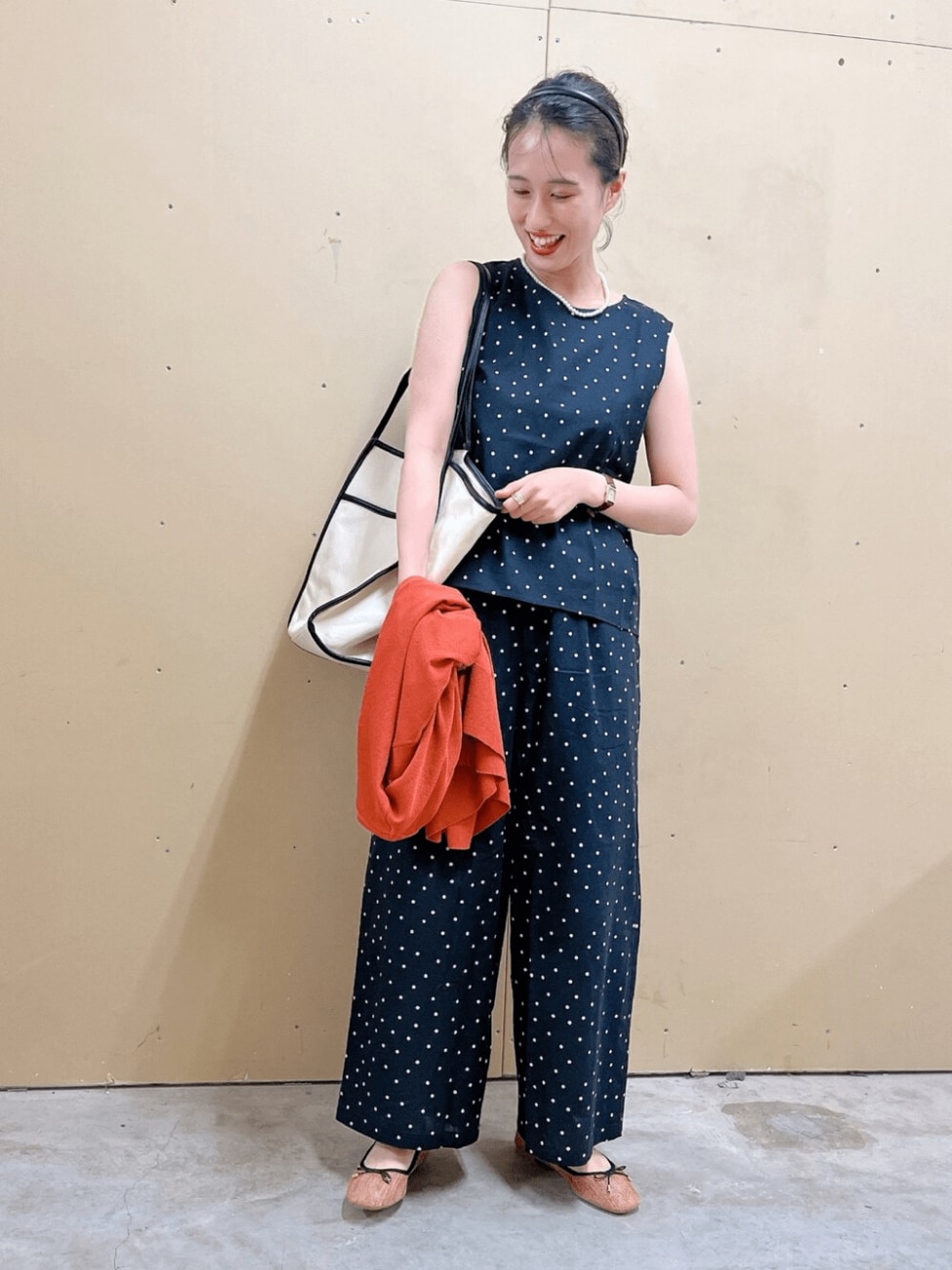 ドット柄セットアップ×カーディガン