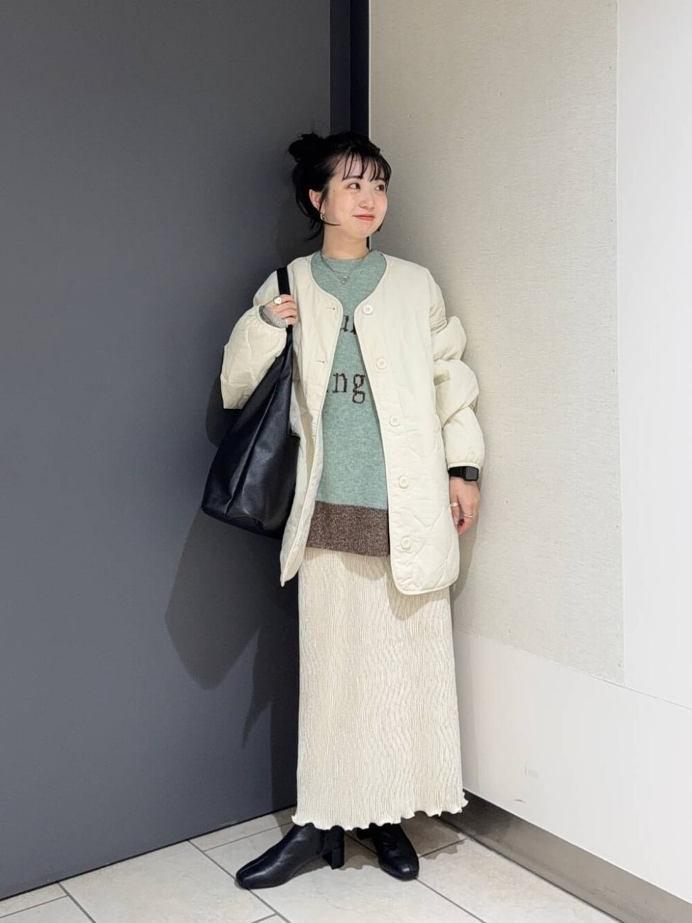 ▼キルティングブルゾン×ニット×ロングスカート
