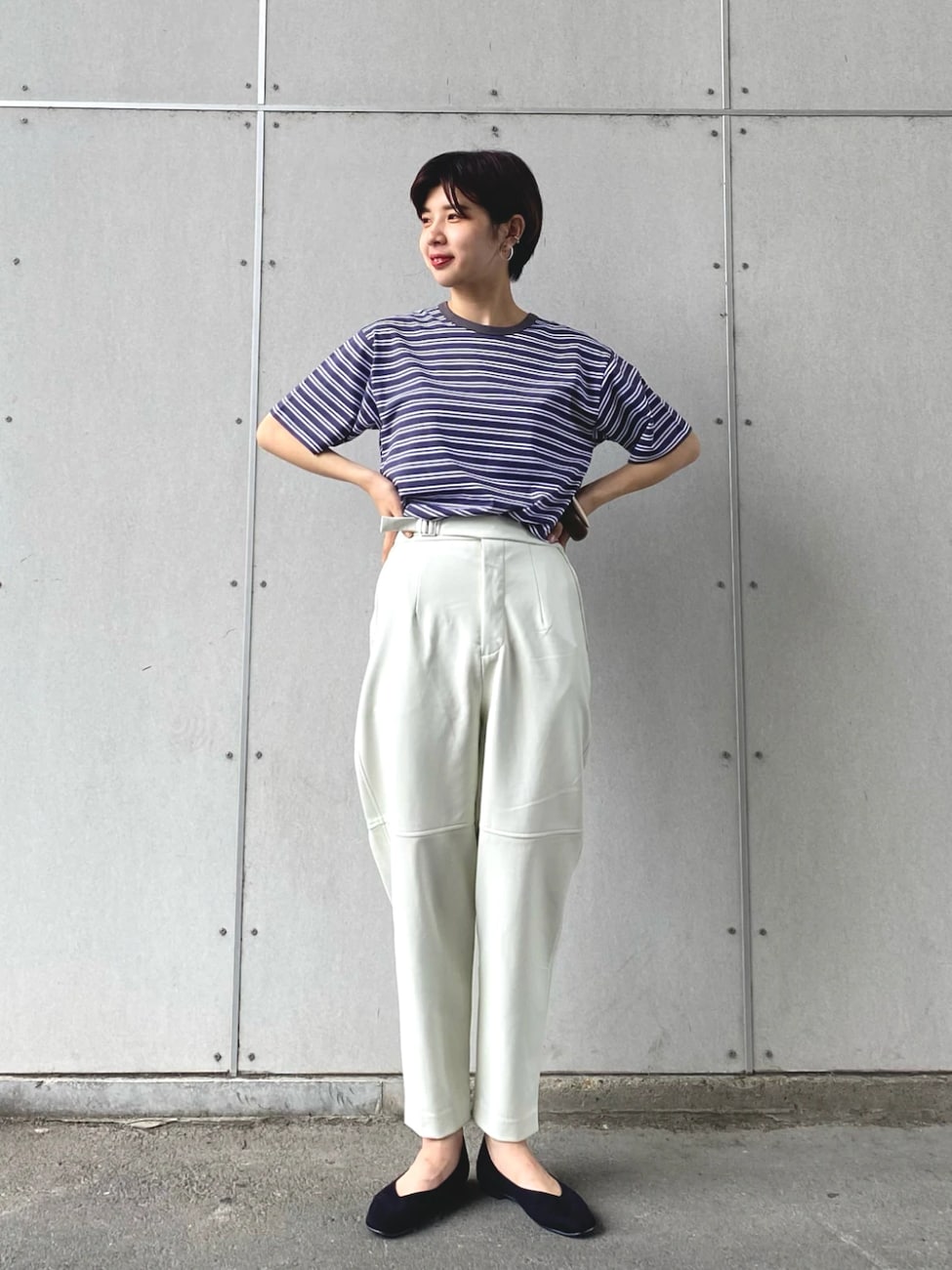 ボーダーTシャツ×レザーパンツ