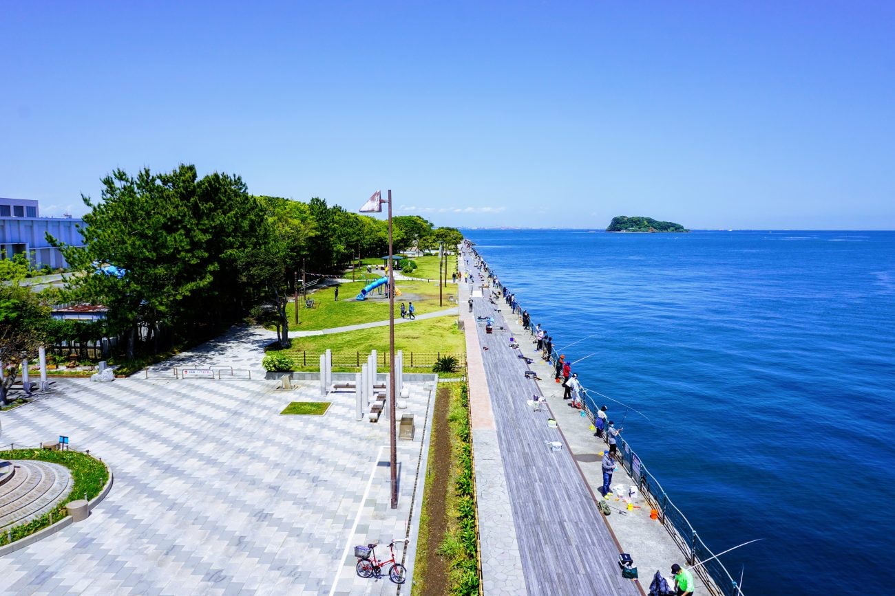 海沿いの公園で釣りを楽しんでいる人