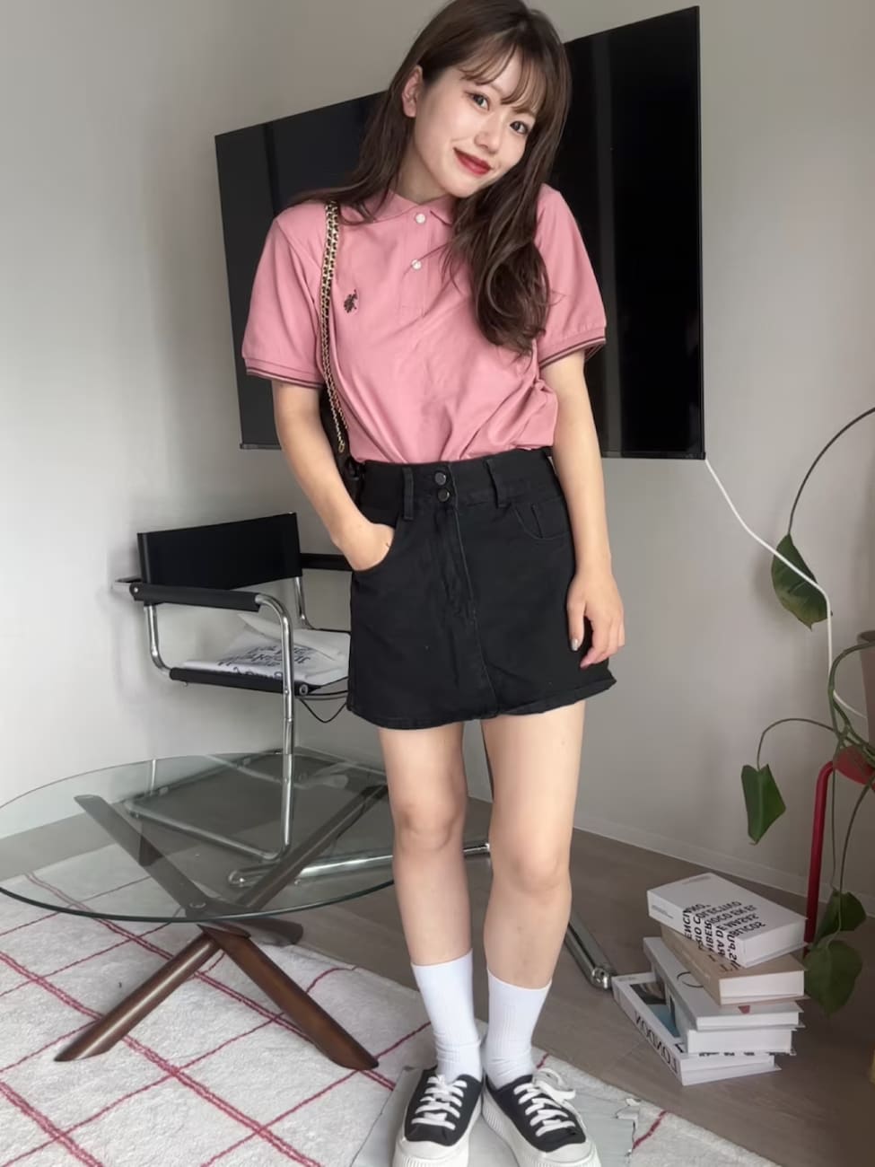 ▼デニムミニスカートを使ったスクールガールコーデ