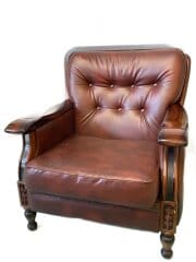 画像：シングルソファ/ブラウン/オールドカリモク/1970年代頃/木目調アームレスト/使用感有