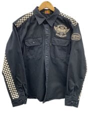 画像：フラッグチェック切替え/髑髏/長袖シャツ/XL/コットン/BLK