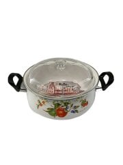 画像：ホーロー鍋/WHT/花柄/ガラス蓋