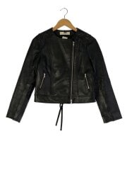 画像：ノーカラー/バックリボン/ダブルライダースジャケット/M/羊革/BLK/無地/163-JK002