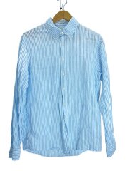 画像：長袖シャツ/M/リネン/BLU/ストライプ