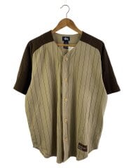 画像：半袖シャツ/L/ポリエステル/KHK/ストライプ