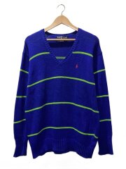 画像：ボーダーVネックセーター/S/コットン/ブルー