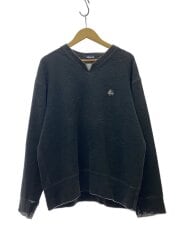 画像：90s/紺タグ/パイル/Vネックスウェット/M/コットン/ブラック/リブ剥げ有/襟元ほつれ有