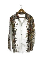 画像：ボタニカル/バタフライ/花/蝶/裾加工/長袖シャツ/3/レーヨン/WHT