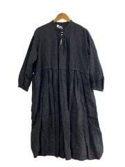画像：長袖ワンピース/FREE/リネン/BLK/無地/Linen tucked neck dress/19AW