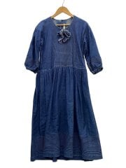 画像：フロントリボンデニムワンピース/長袖ワンピース/--/コットン/インディゴ/無地//