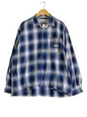 画像：オープンカラー/開襟/シャドーチェック長袖シャツ/L/コットン/BLU/チェック/1002390900001//