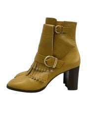 画像：キルト付きチャンキーヒールショートブーツ/24.5cm/YLW/レザー/076946