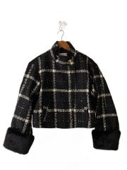 画像：25AW/袖ファー2WAYコート/ジャケット/ミドリ丈/one/ブラック/チェック/lwfc255125//