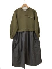 画像：素材切替/長袖ワンピース/9/コットン/グリーン/無地/2132/