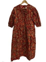 画像：長袖ワンピース/コットン/RED/花柄