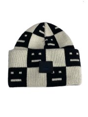 画像：スモールFACEロゴ/ニットキャップ/--/ウール/WHT/チェック/レディース/FA-UX-HATS000134