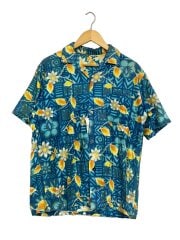 画像：アロハシャツ/--/--/BLU/花柄/推定50-60s/古銭ボタン/襟汚れ有り//