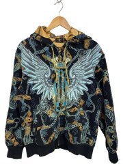 画像：ジップパーカー/L/コットン/BLK/総柄/009-016874